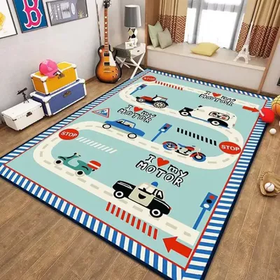 Children's Carpet Floor Mat City Traffic Scene Map Game Toy Mat Road Track Parking Lot Floor Mat (Avtomobil döşəmə paspasları) - light-blue-1-80x-120cm