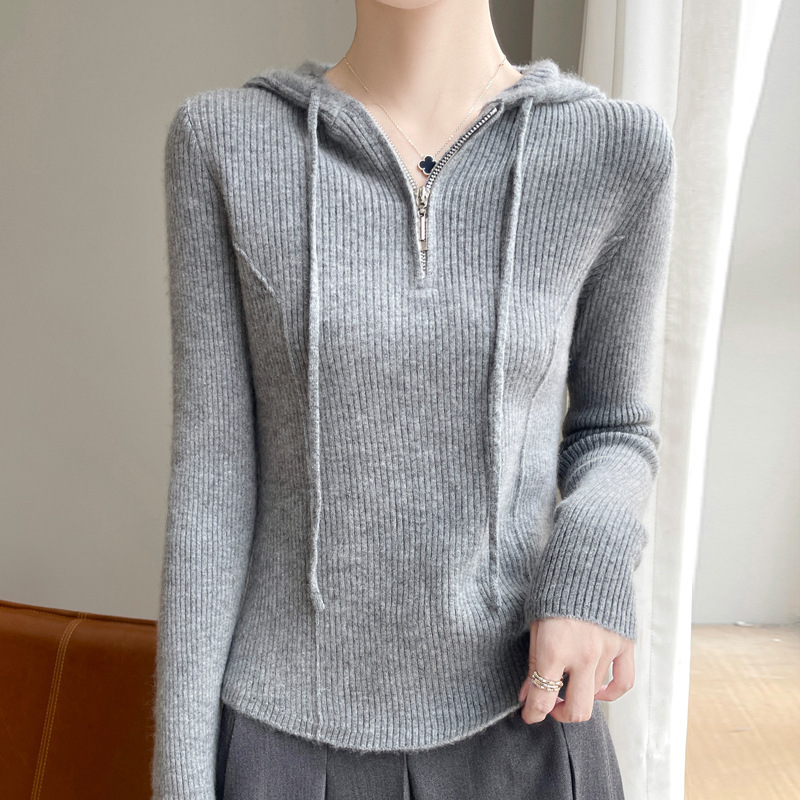 Demi-season woolen knitted sweater with hood