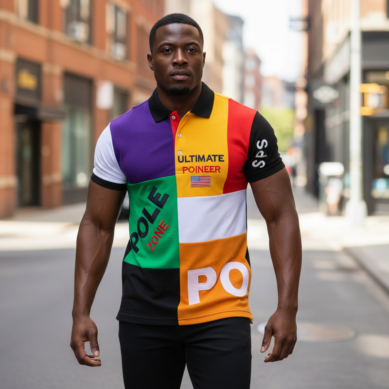 Polo Shirt Men's Short-Sleeved Lapel Export American Casual Multi-Color Stitching Contrasting Color Cotton Embroider Trendyy Fashion Sports