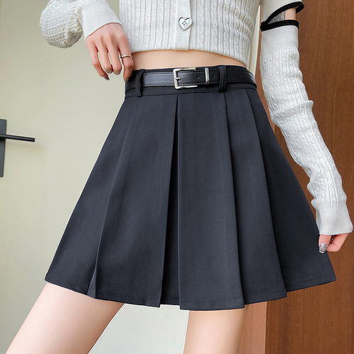 Women's 2025 Spring and Summer New Belt High Waist Pleated Skirt Slim Box Skirt A-line Small Large Size Skirt