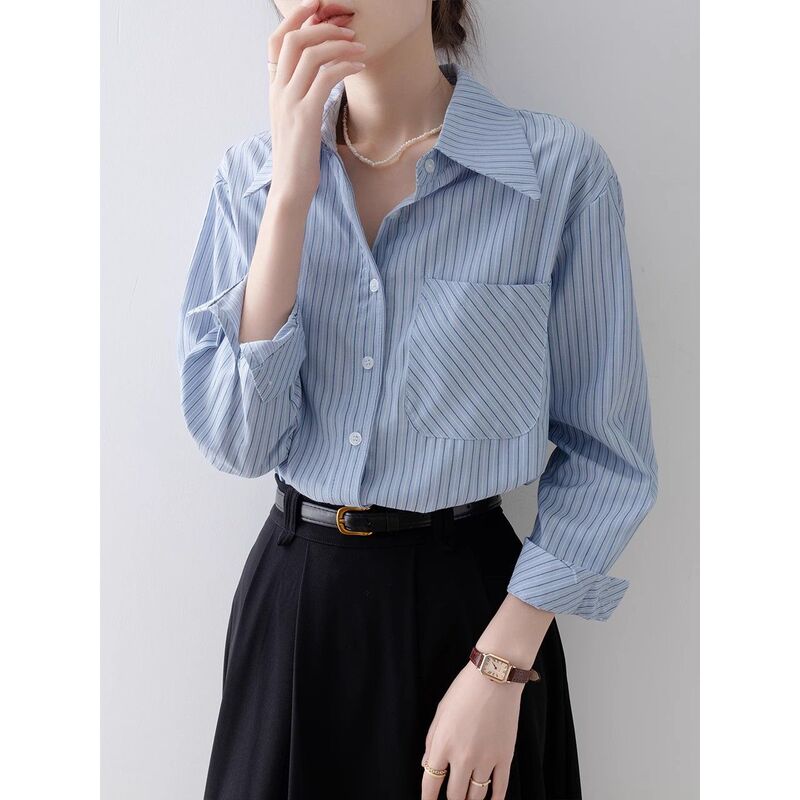 2025 Spring Blue Striped Shirt Women's Spring and Autumn Design Niche Ol Professional Commuting Layered Shirt 2025 Spring Blue Striped Shirt Women's Spring and Autumn Design Niche Ol Professional Commuting Layered Shirt