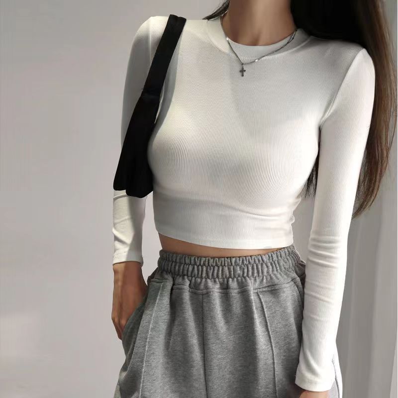 Long sleeve T-shirt women's high waist slim slimming short top women's spring and autumn European and American style tight solid color undershirt Long sleeve T-shirt women's high waist slim slimming short top women's spring and autumn European and American style tight solid color undershirt
