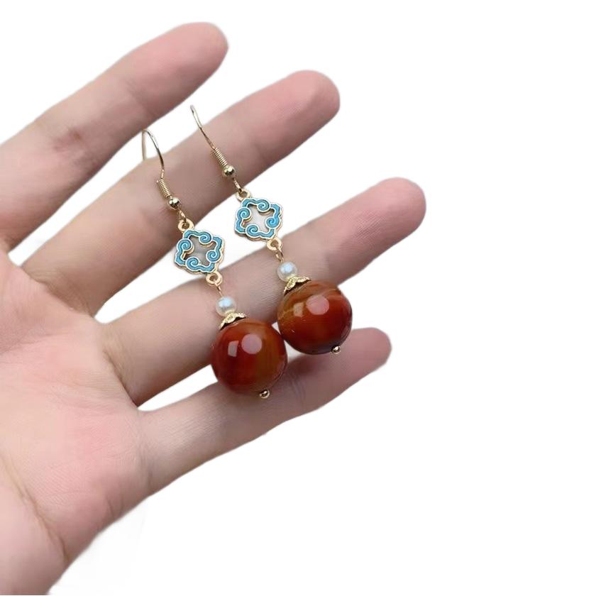 민족 한후 액세서리 귀 보석 고대 의류 자연 전쟁 국가 붉은 마노 수제 귀걸이 레트로 청삼 귀걸이