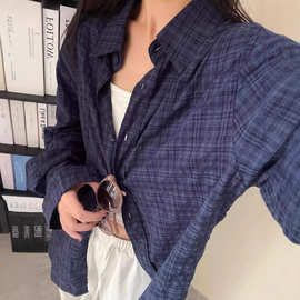 蓝色格子衬衫女春夏衬衣开衫防晒外套工厂批发代发跨境亚马逊temu