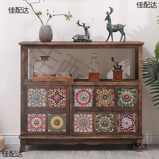 American Style Solid Wood Vintage Sideboard Kitchen Storage Rack Living Room Painted Storage Cabinet Multifunctional Tea Cabinet Display Cabinet