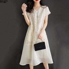 仙女裙子夏季新款领洋气韩版时尚高级感重工短袖连衣裙女晔