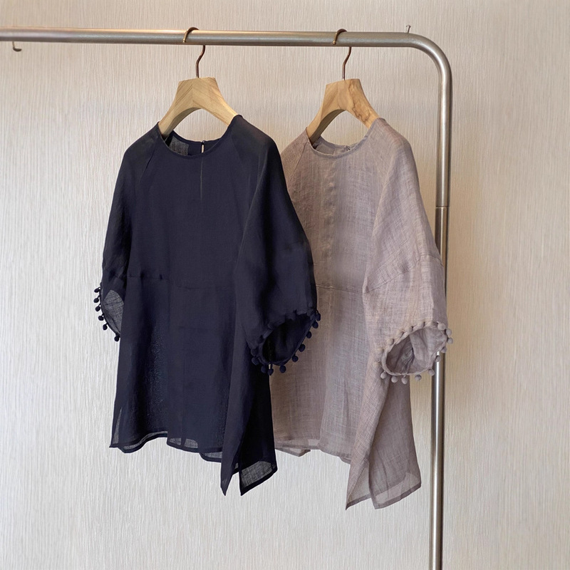 Recommended for Personal Collection! Easy to Wear and Suitable for Everyone ~ Niche Designer Pure Ramie Round Neck Draped Grape Sleeve Shirt for Women