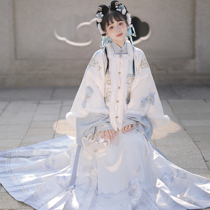 2022 New Rabbit Velvet Hanfu Women's Ming-made Horse-faced Skirt Short Jacket Stand Collar Pipa Sleeve Daily Autumn and Winter Velvet-added