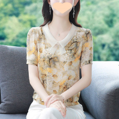 2025 新しい夏の半袖シフォンシャツファッショナブルな高級花柄トップ女性のプラスサイズのママの小さな新鮮なシャツ