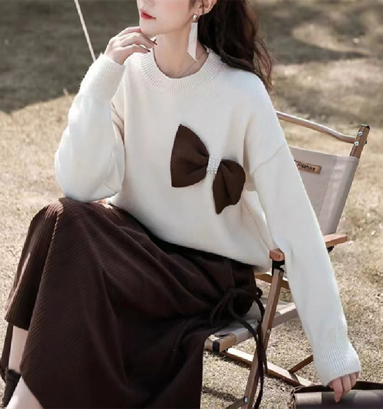 Bowknot de las mujeres con cuentas suéter de otoño e invierno nuevo estilo coreano suelta camisa de fondo de punto de moda estilo occidental prendas de vestir exteriores Top corto image 9