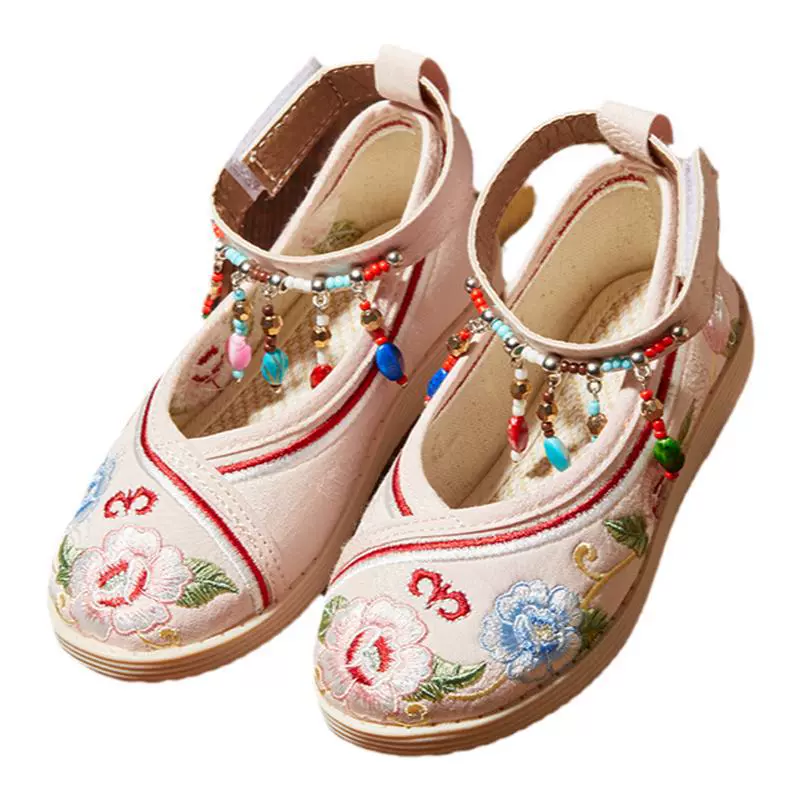 Детские туфли-ханфу на-slip-on D3680, вышивка цветочная, ремешок вокруг щиколотки, 15,2–23 см