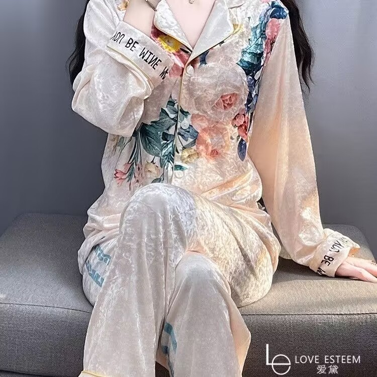 생방송 인기 가을 겨울 골드 다이아몬드 벨벳 잠옷 여성 가디건 모란 꽃 하이 엔드 골드 벨벳 따뜻한 홈웨어 세트