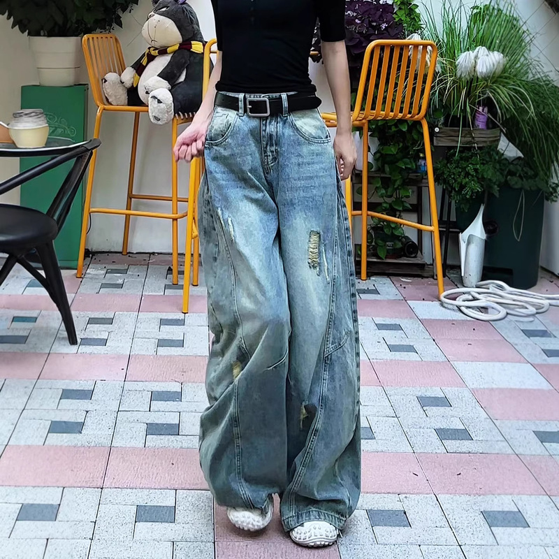 Ripped Wide-Leg Jeans for Women, New Autumn 2025 American Retro High-Waisted Loose Straight-Leg Slimming Scythe Pants