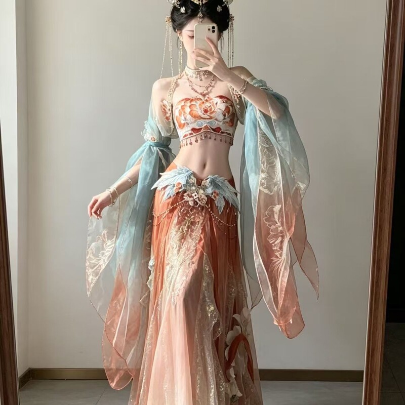 Exotic Clouds and Mountains Heavy Embroidery Western Region Dunhuang Flying Lady Tube Top Skirt Hanfu with Large Sleeves, Shipped Within 15 Days