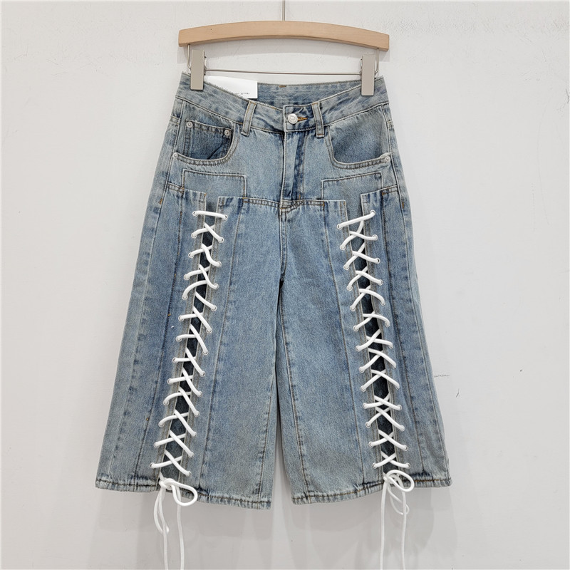 Pantalones Cortos de Mezclilla con Cordón para Mujer de Mezclilla Lavado