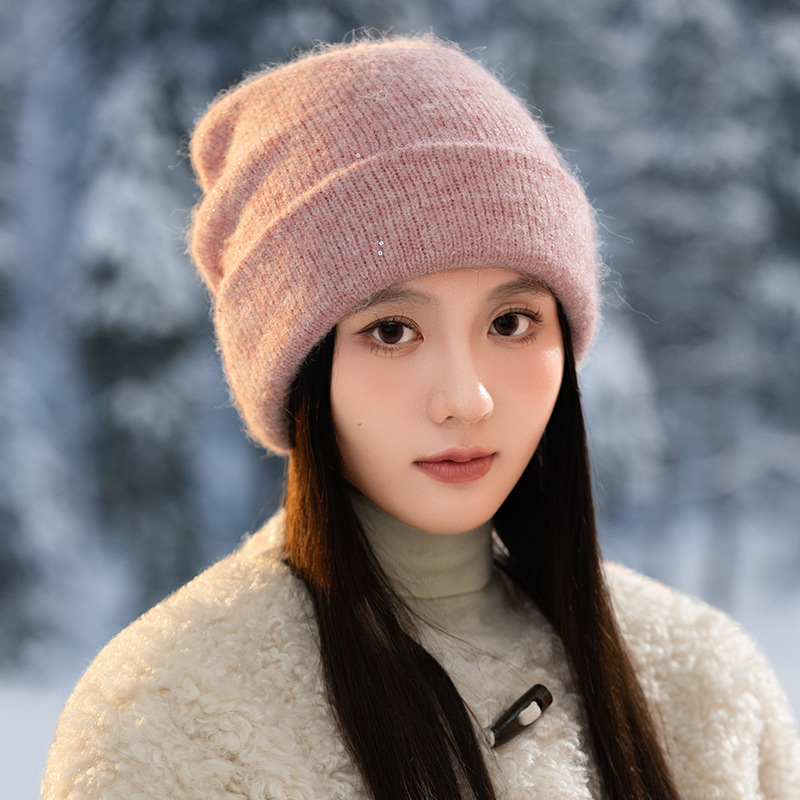 帽子女款秋冬亮片保暖毛线帽韩版户外休闲防风护耳帽显脸小堆堆帽|undefined
