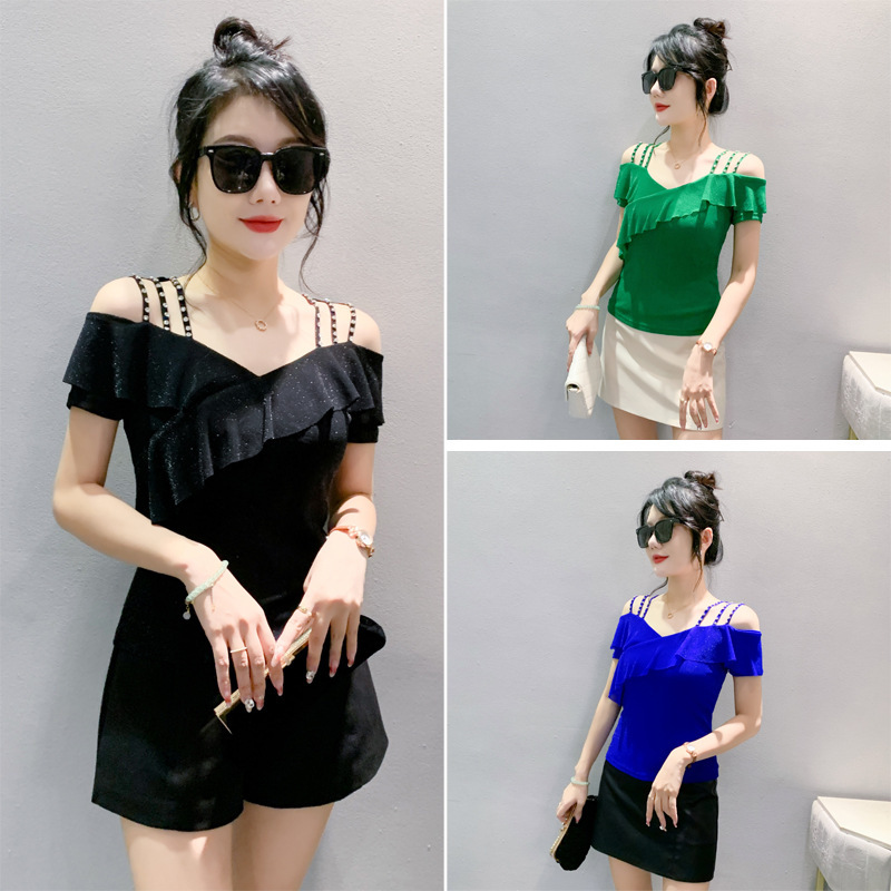 Elegant V-neck Shoulder Ruffle Lace Top Summer Fashion Solid Color Slim-fit Slimming Beaded Mesh Short-sleeved T-shirt