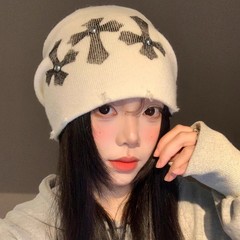 破洞十字架涂鸦堆堆帽女秋冬日系复古大头围冷帽显脸小包头帽子
