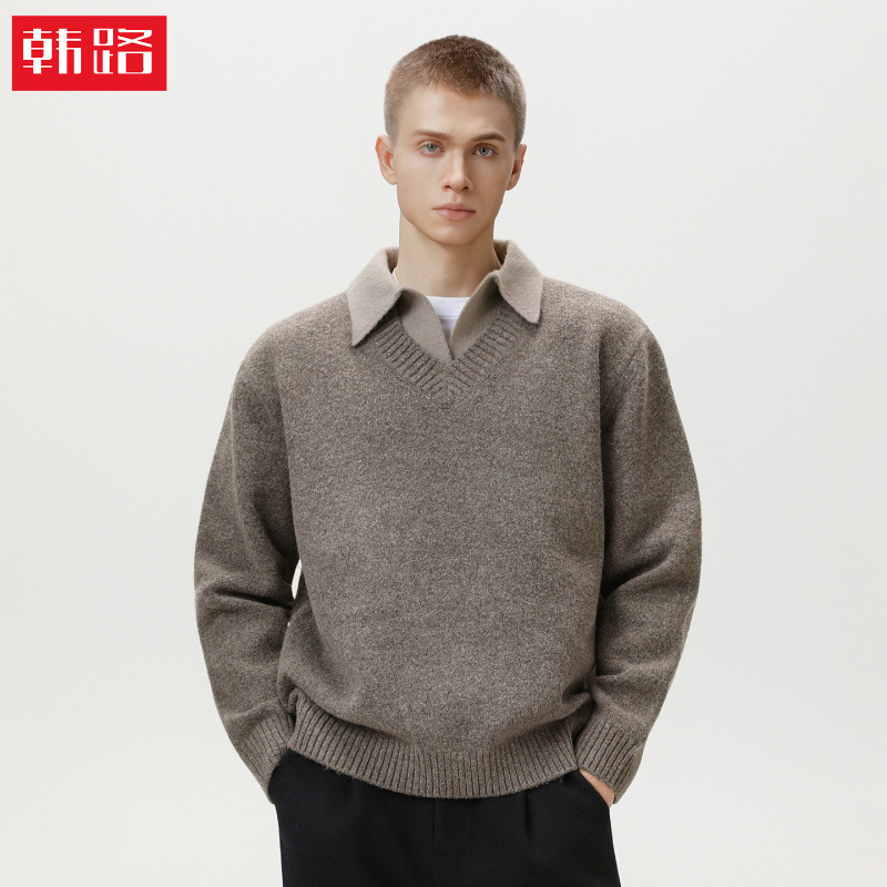 Retro Old Money Fake Two-Piece Lapel Knitwear Men's Autumn and Winter High-End Polo Collar Knitwear Warm Thickeneded Jacket Retro Old Money Fake Two-Piece Lapel Knitwear Men's Autumn and Winter High-End Polo Collar Knitwear Warm Thickeneded Jacket