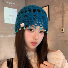 波西米亚风手工钩织包头帽女镂空圆珠流苏针织帽民族风毛线帽子潮
