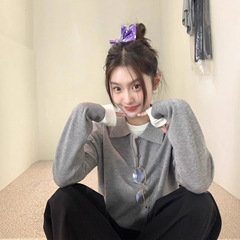 韩系减龄刺绣Polo领针织衫女2025春秋慵懒风百搭宽松翻领长袖上衣