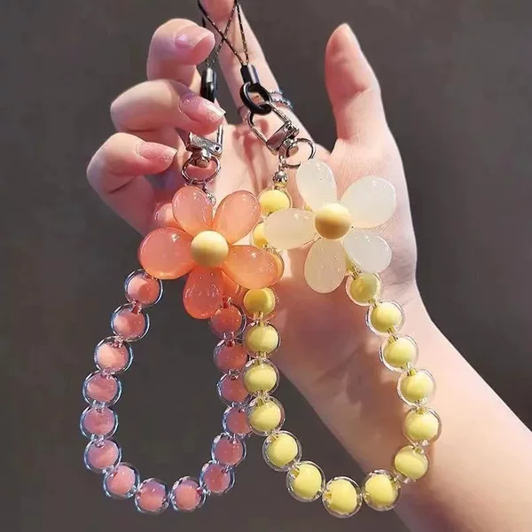 Macaron Colorfulful Bead Petal Mobile Phone Lanyard Japanese and Korean Ins Style Handmade Beaded Flower Mobile Phone Chain Wrist Rope