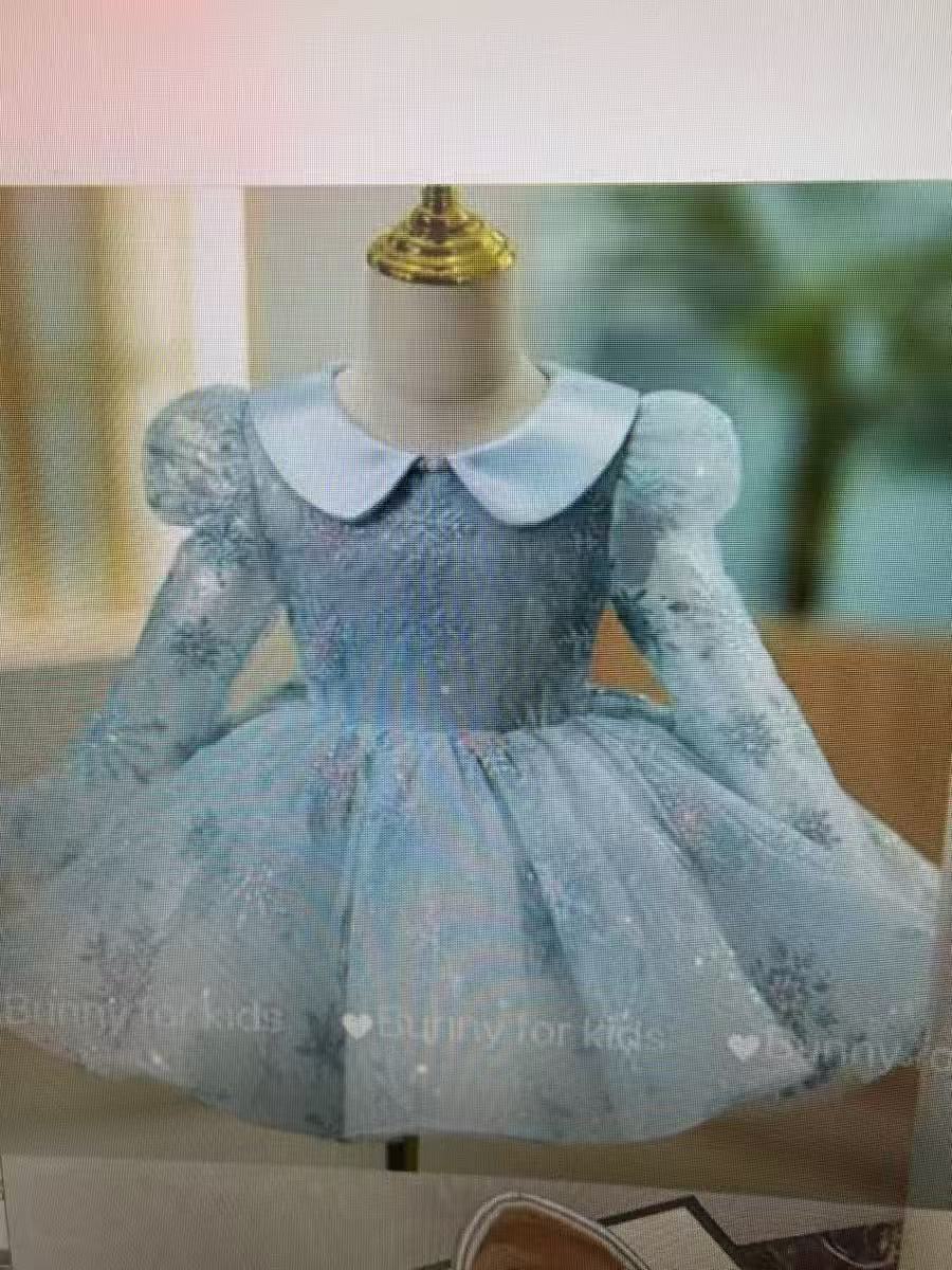 Girls' Princess-Style Bow 2026 Spring New Doll Collar Puff Sleeve Blue One-Year-Old Party Dress_voghion.com