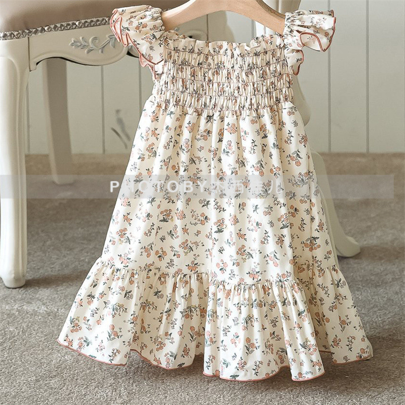 Ins falda de muñeca de verano coreana niña bebé lazo manga abullonada vestido de princesa vestido de cuello cuadrado floral