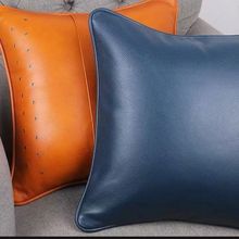美式现代简约橙棕色真头层牛皮方形抱枕套客厅车用高沙发靠垫