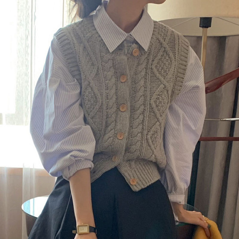 韓国の年齢を軽減するレトロなツイストニットベストカーディガン女性の秋の気質ニッチレイヤードアウターベストベスト|undefined