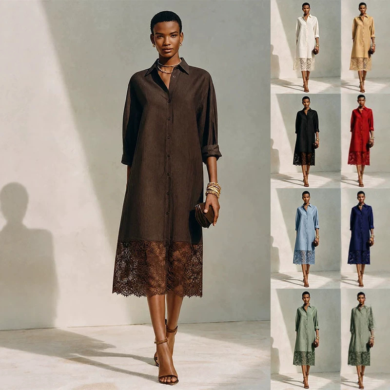 2026 European and American cross-border new style Amazon independent website collared shirt with buttoned loose sleeves and lace patchwork dress 2026 European and American cross-border new style Amazon independent website collared shirt with buttoned loose sleeves and lace patchwork dress