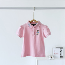 G25夏款 韩版童装国内专柜外贸尾单女童2色蝴蝶结领POOL短袖体恤T