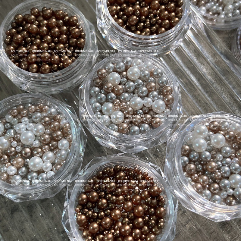 Marble effect 3D round pearl size mixed nail art kit, autumn winter brown nail decoration