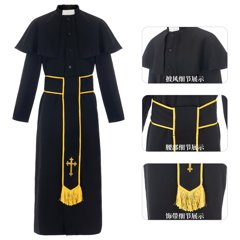 Cross-border medieval priest cosplay costume, black robe with belt and shawl, Halloween stage performance costume