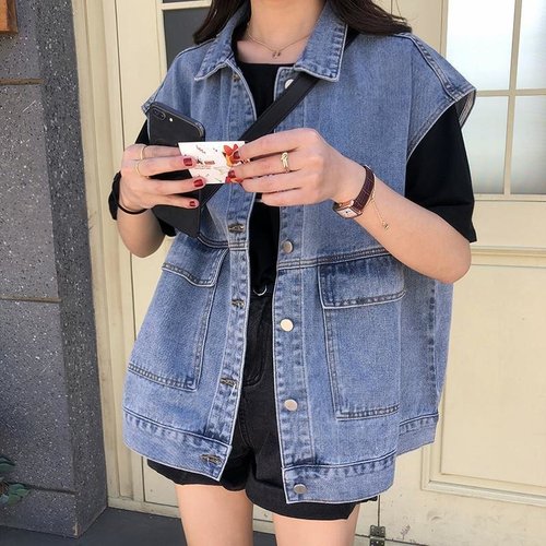 Women's Short denim vest, Korean style, spring jacket, sleeveless, loose, trendy, backless