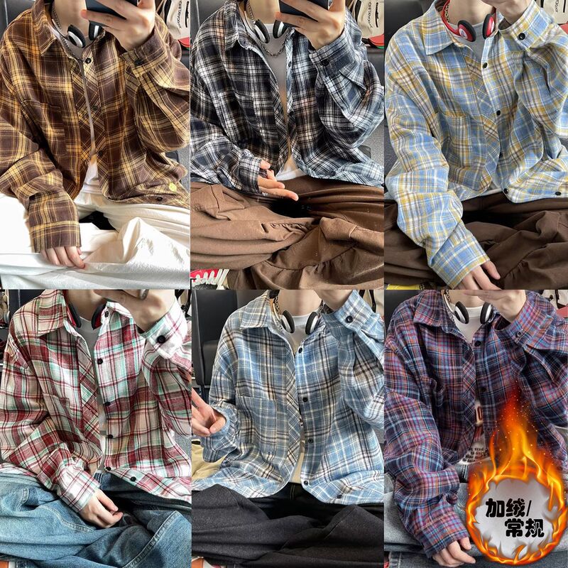 Autumn and Winter Japanese Retro Thickened Plaid Shirt Men's Long-Sleeve Casual Warm Shirt Loose Trendy Brand Jacket