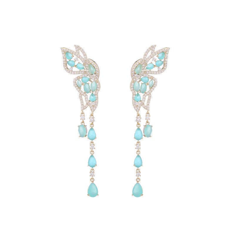 Boucles d'oreilles en argent S925 avec aiguille Ankara et zircon rouge Boucles d'oreilles en forme de goutte d'eau à longues franges en forme de papillon_voghion.com