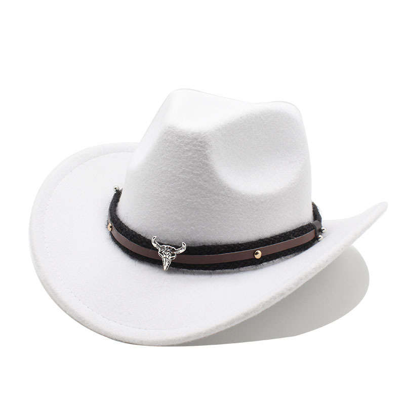Étiquette tête de taureau en métal, Cowboy occidental, chapeau haut-de-forme en feutre de laine pour hommes et femmes, offre spéciale, automne et hiver_voghion.com