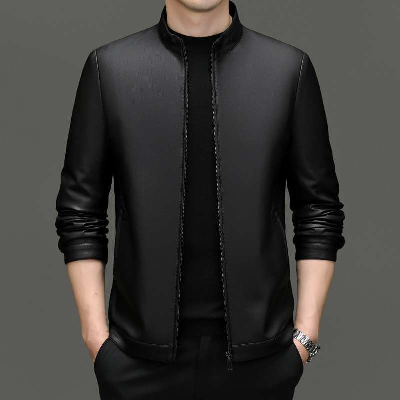 Monochrome Man- 2024 Early Spring New Haining American Fashion Stand Collar Middle-Aged Men's Trendy Leather Jacket Coat_voghion.com
