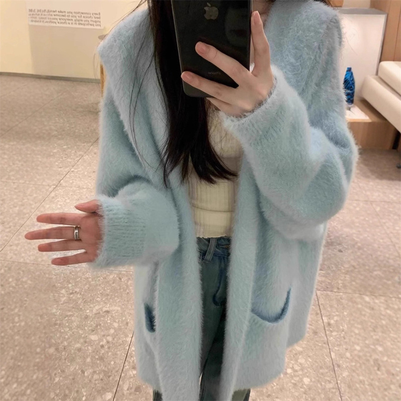 仿水貂绒连帽毛衣开衫女秋冬新款宽松中长款加厚软糯针织衫外套女|undefined