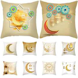 跨境节日抱枕套金色月亮桃皮绒印花靠枕套家居沙发床头装饰靠垫套