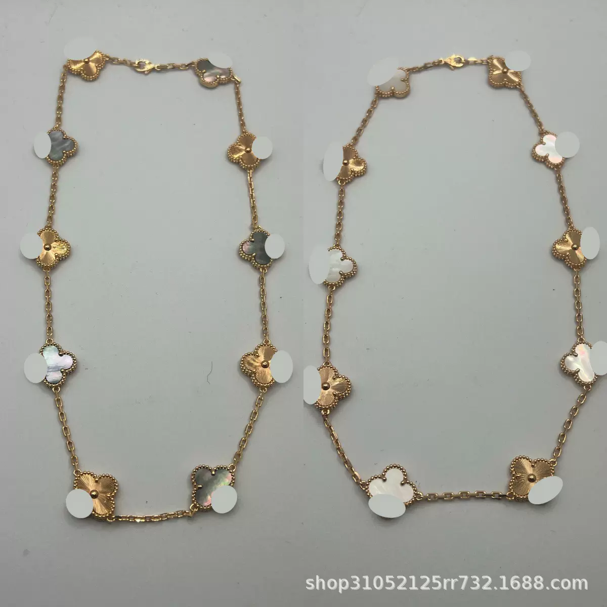 高版本四叶草十花项链女工艺白贝母间镭射毛衣链厚金电镀直播代发