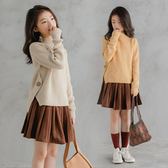 Children's Knit Sweater 2021 Autumn/Winter Korean Style for Girls Semi-High Collar, Slit, Thickened Warm Knit Top