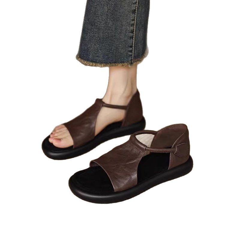 Sandalias francesas con suela plana para mujeres de verano para viajar versátil no se cansa pies retro dedos descubiertos zapatos casuales romanos con suela gruesa