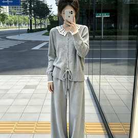 2026秋冬新款穿搭一整套韩系蕾丝娃娃领拼接针织毛衣休闲裤套装潮