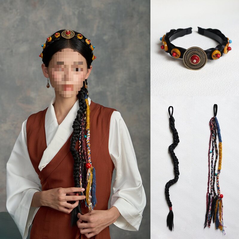 Xizang Ethnic Style Handmade Headband Turquoise Beeswax Wig Braids Xizang Ladies Dance Performance Suit Travel Photo