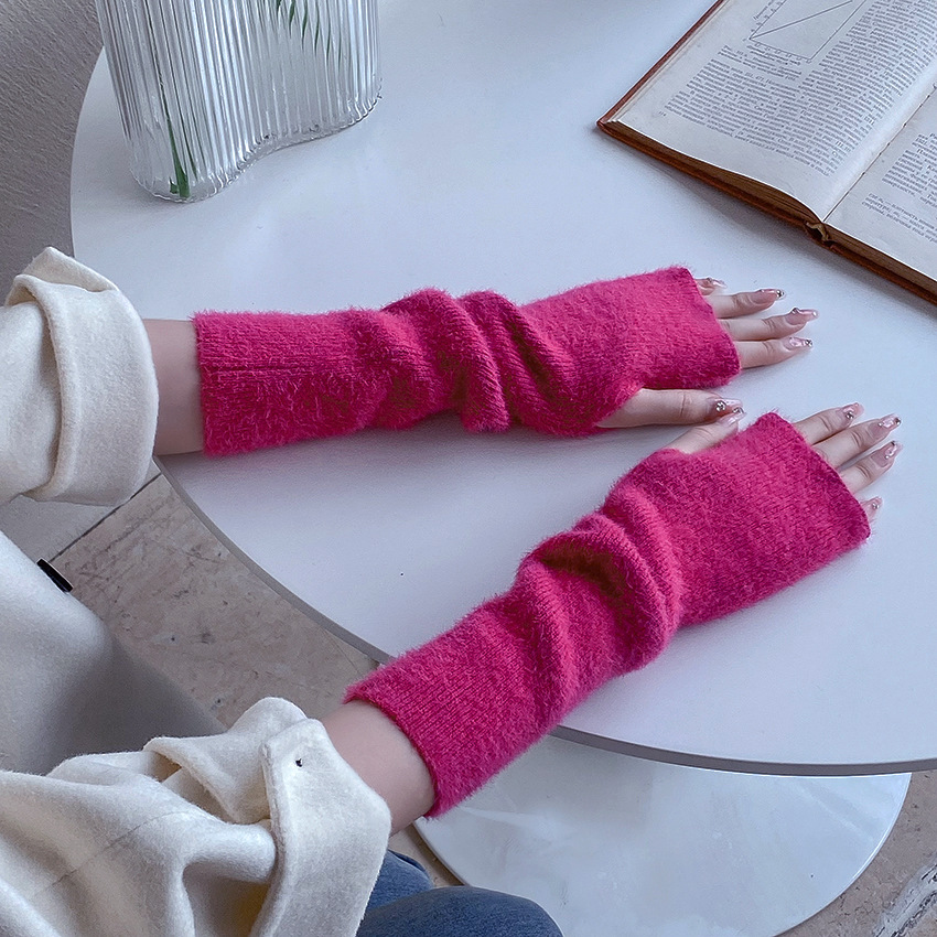 秋冬新款仿水貂毛手臂套護腕玫紅色護手套女生保暖袖套韓版大衣搭