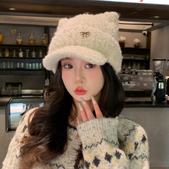 韩系甜美百搭蝴蝶结毛绒鸭舌帽秋冬时尚休闲护耳帽防寒保暖帽子女
