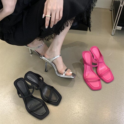 Summer 2024 Fashionable New Sexy High Heel Sandals for Women, Outwear Silver Square Toe Strappy Sandals with Toe Post