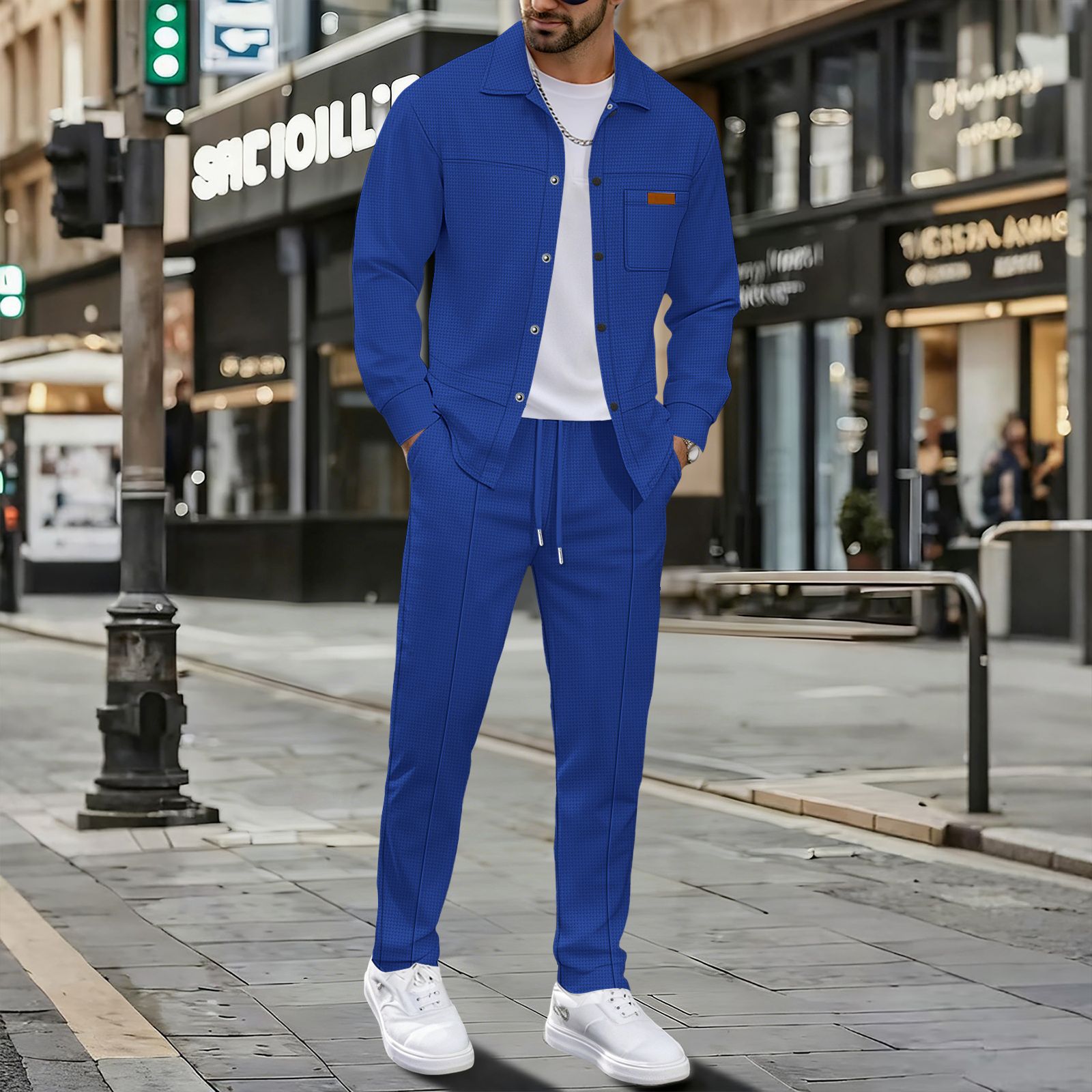 Amazon's new cross-border men's casual waffle suit, solid color workwear pocket button cardigan jacket and trousers